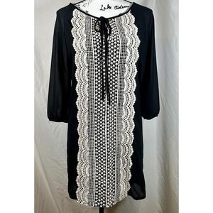 Altar'd State Black Mini Shift Dress Women's S Scalloped Crochet 3/4 Sleeve Mod